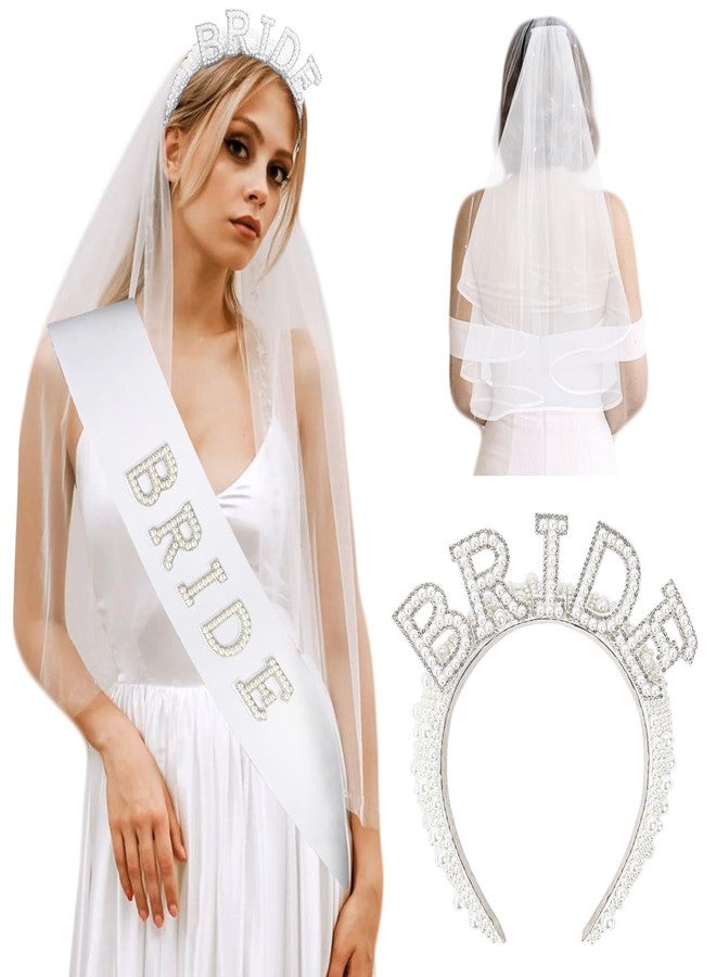 FEINIGESI Pearl Bride Headband with White Bridal Veil and Sash 3 In 1 Set for Bridal Shower Bachelorette Party Decorations Engagement Parties Gift Favors - Image 1